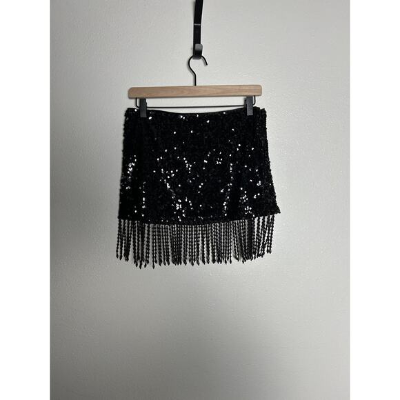 Reformation Black Martina Showgirl Sequin Mini Beaded Fringe Womens Skirt Size 2 - Picture 6 of 8